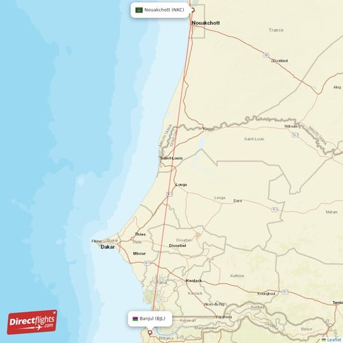 Banjul - Nouakchott direct flight map