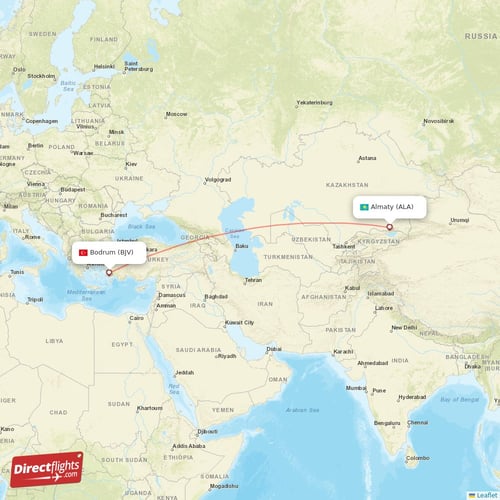 Bodrum - Almaty direct flight map