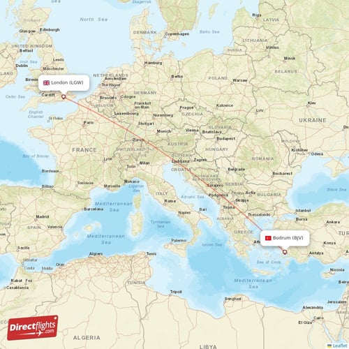 Bodrum - London direct flight map