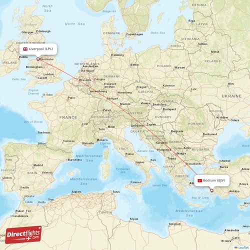 Bodrum - Liverpool direct flight map