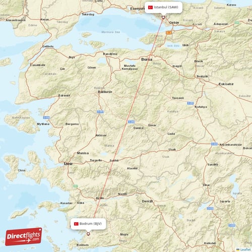 Bodrum - Istanbul direct flight map