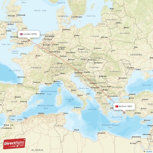 Bodrum - London direct flight map