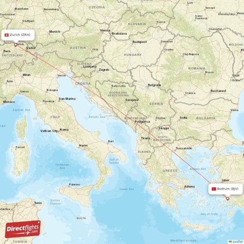 Bodrum - Zurich direct flight map