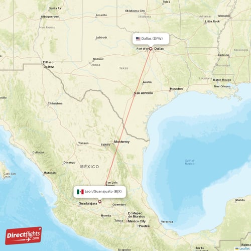 Leon/Guanajuato - Dallas direct flight map