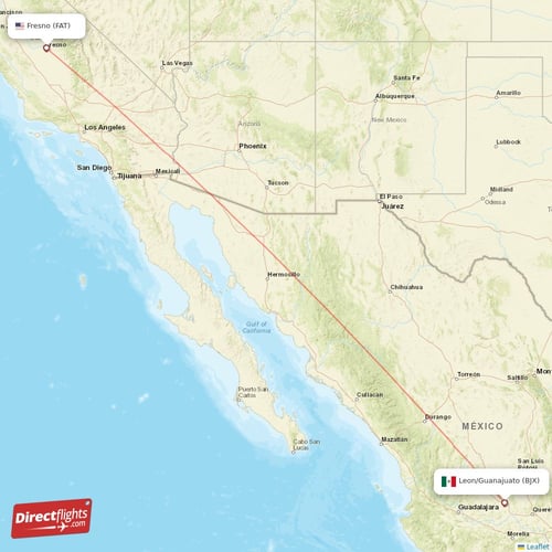 Leon/Guanajuato - Fresno direct flight map