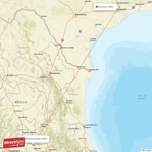 Leon/Guanajuato - Houston direct flight map