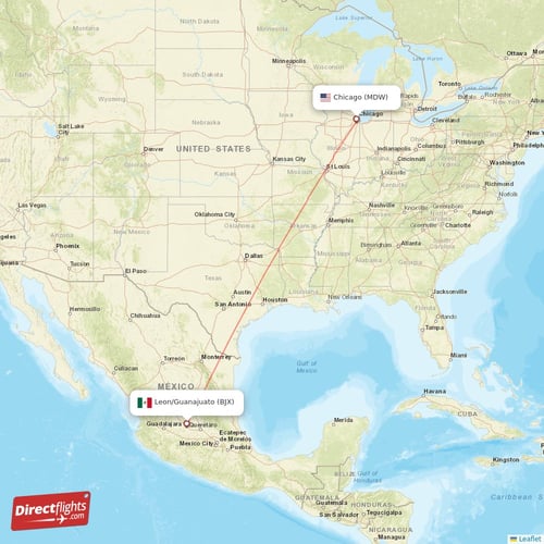 Leon/Guanajuato - Chicago direct flight map