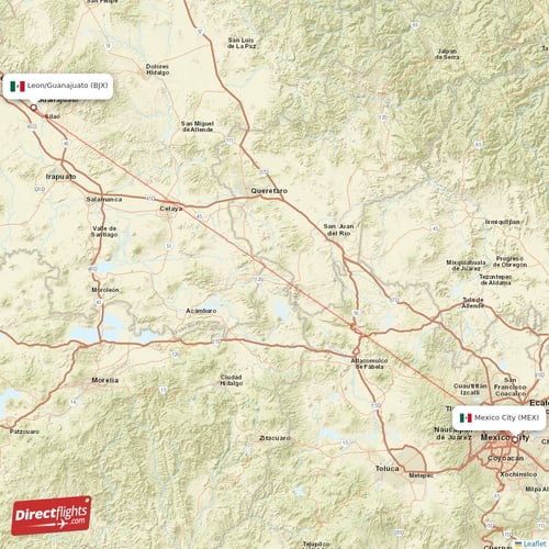 Leon/Guanajuato - Mexico City direct flight map