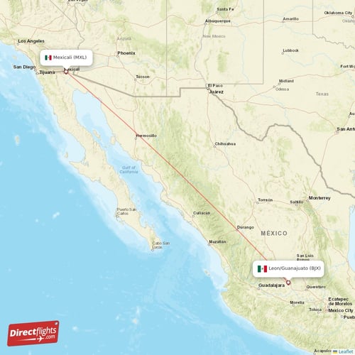 Leon/Guanajuato - Mexicali direct flight map