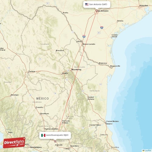 Leon/Guanajuato - San Antonio direct flight map
