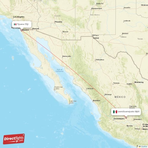 Leon/Guanajuato - Tijuana direct flight map