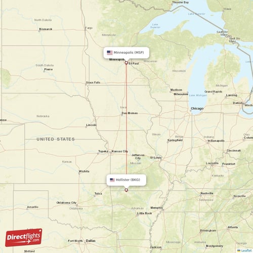 Hollister - Minneapolis direct flight map