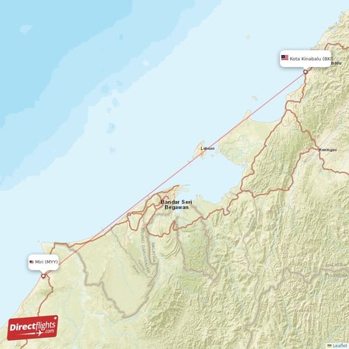 Kota Kinabalu - Miri direct flight map