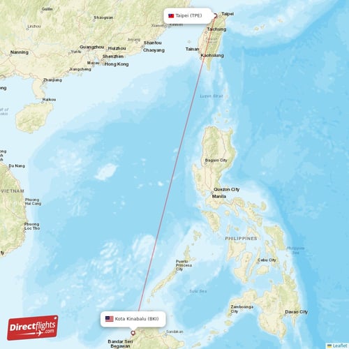 Kota Kinabalu - Taipei direct flight map