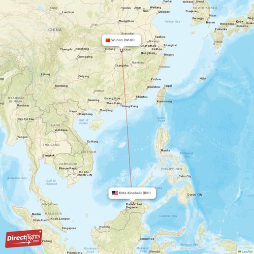 Kota Kinabalu - Wuhan direct flight map