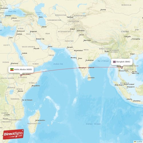 Bangkok - Addis Ababa direct flight map