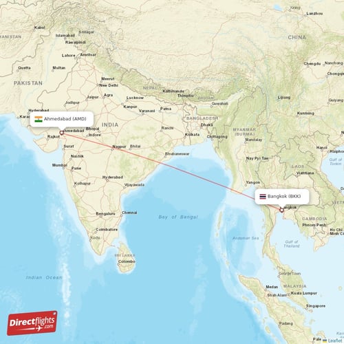 Bangkok - Ahmedabad direct flight map