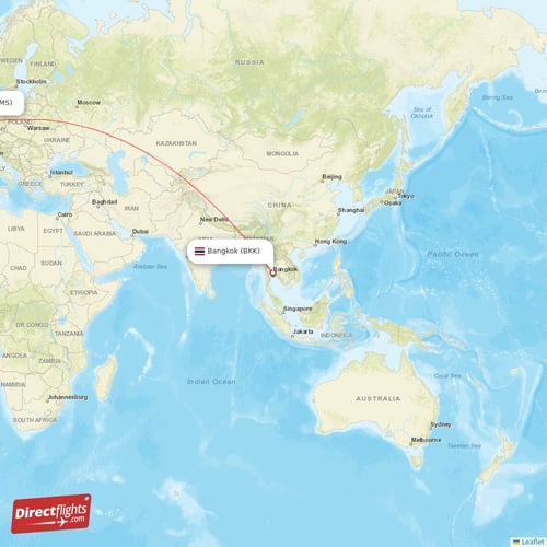 Bangkok - Amsterdam direct flight map
