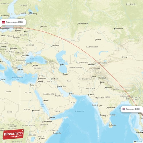Bangkok - Copenhagen direct flight map