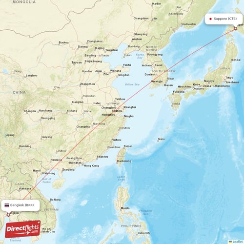 Bangkok - Sapporo direct flight map