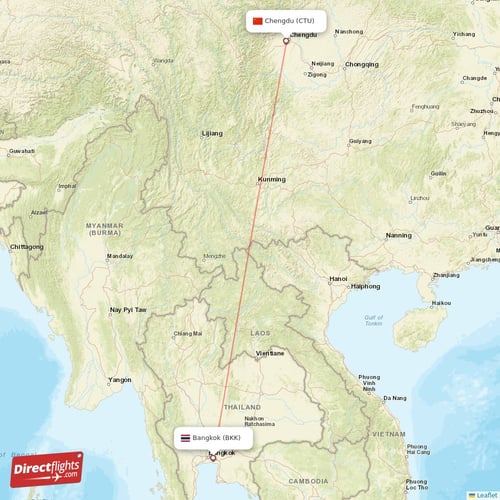 Bangkok - Chengdu direct flight map