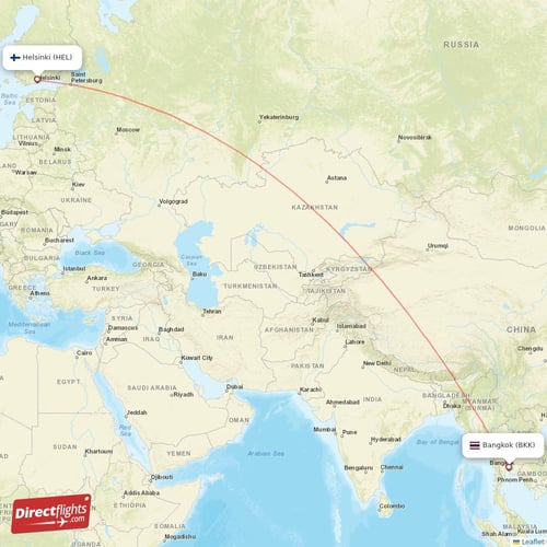 Bangkok - Helsinki direct flight map