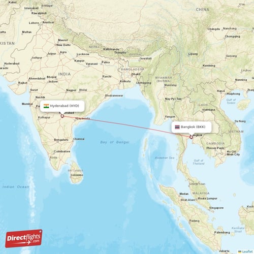 Bangkok - Hyderabad direct flight map