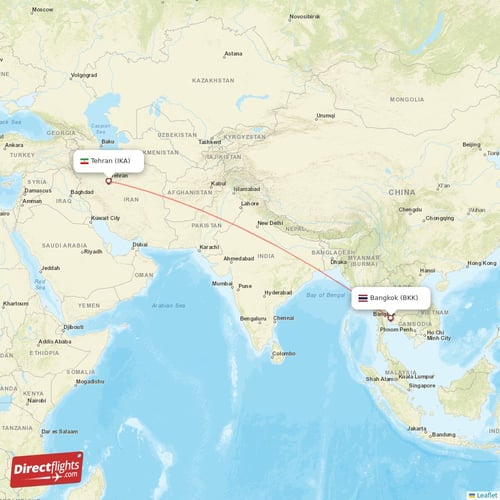 Bangkok - Tehran direct flight map