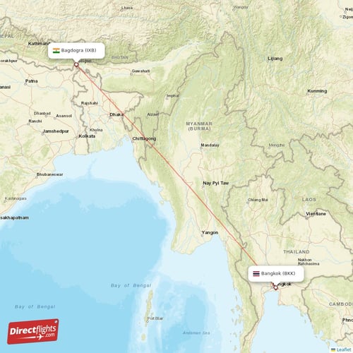 Bangkok - Bagdogra direct flight map