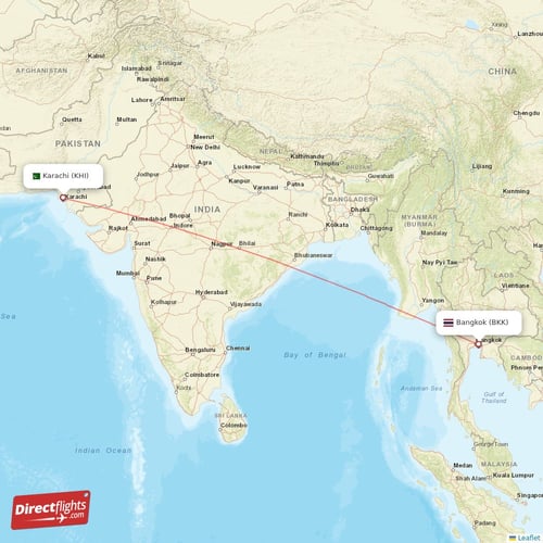 Bangkok - Karachi direct flight map