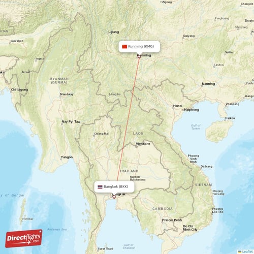 Bangkok - Kunming direct flight map