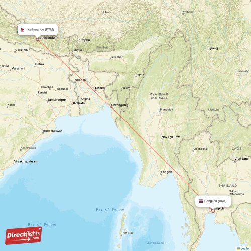 Bangkok - Kathmandu direct flight map