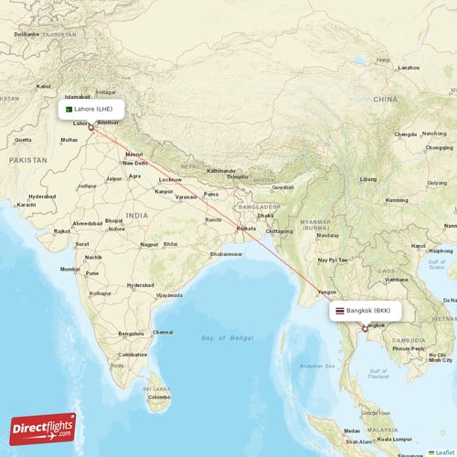 Bangkok - Lahore direct flight map