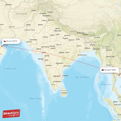 Bangkok - Muscat direct flight map