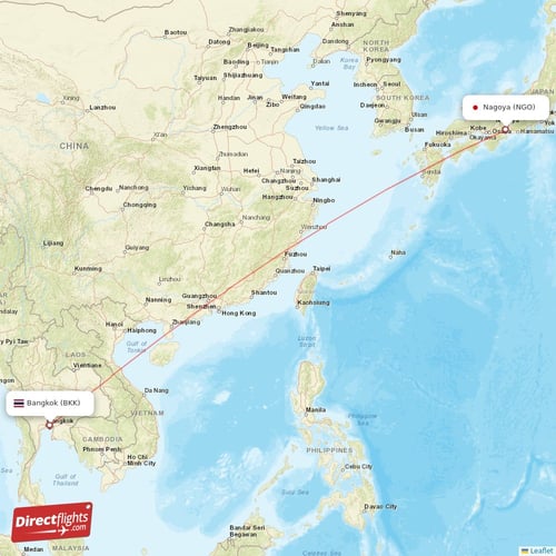 Bangkok - Nagoya direct flight map