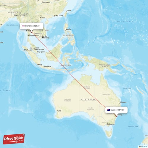 Bangkok - Sydney direct flight map
