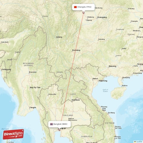 Bangkok - Chengdu direct flight map