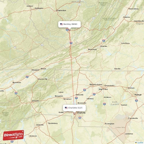 Beckley - Charlotte direct flight map