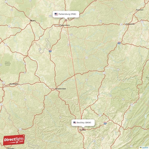 Beckley - Parkersburg direct flight map