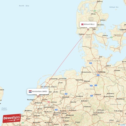 Billund - Amsterdam direct flight map
