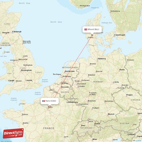 Billund - Paris direct flight map