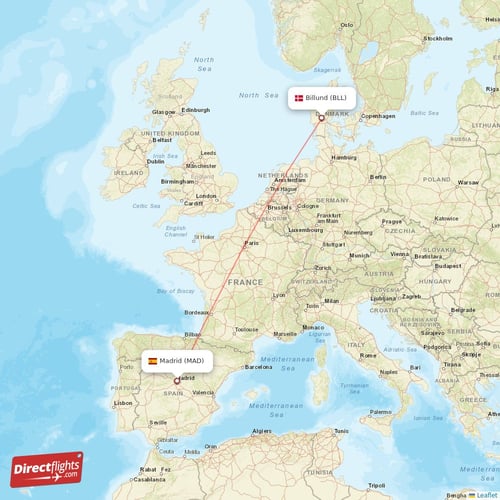 Billund - Madrid direct flight map