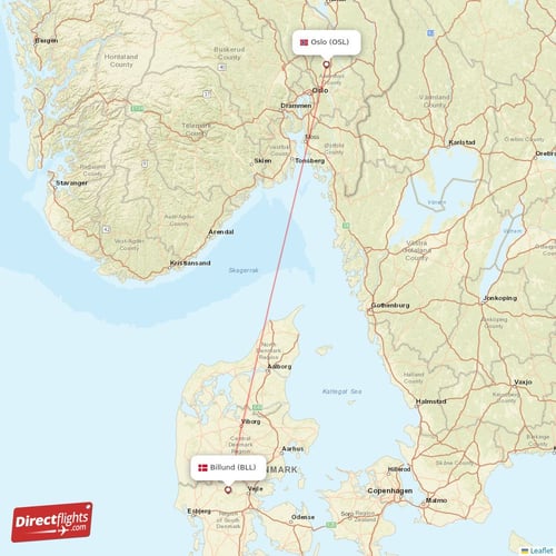 Billund - Oslo direct flight map