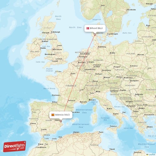Billund - Valencia direct flight map