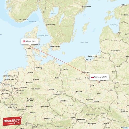 Billund - Warsaw direct flight map