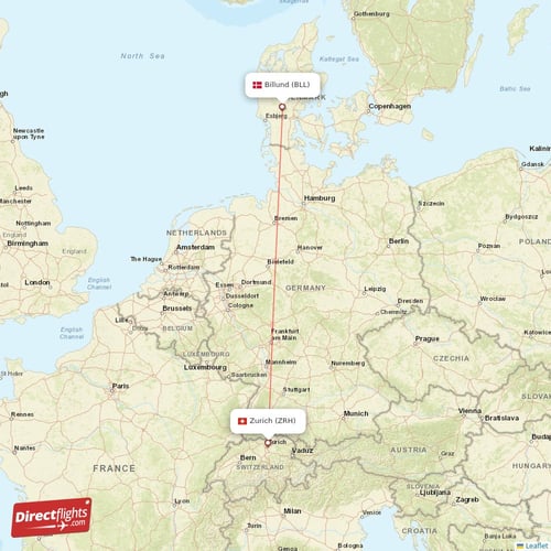 Billund - Zurich direct flight map