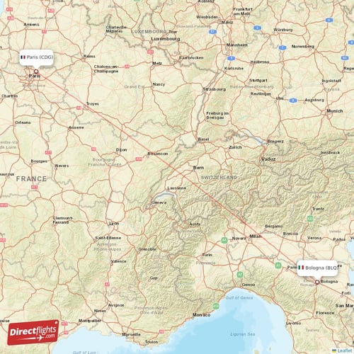Bologna - Paris direct flight map