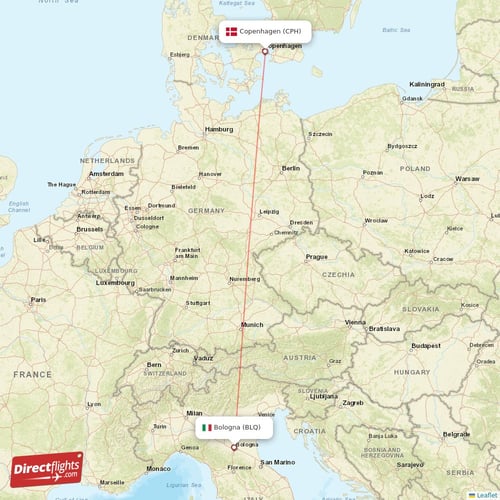 Bologna - Copenhagen direct flight map