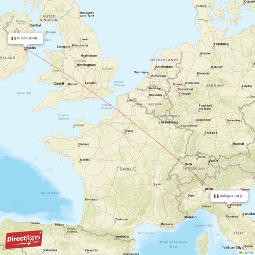 Bologna - Dublin direct flight map