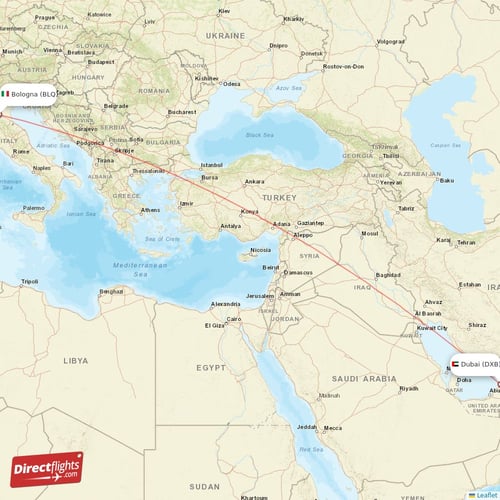 Bologna - Dubai direct flight map